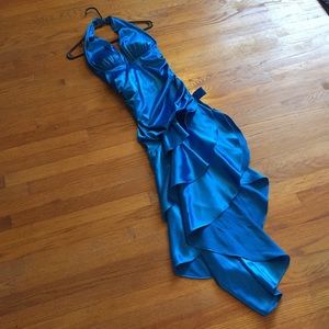 Asymmetrical Blue Ruffle Halter Prom Dress 